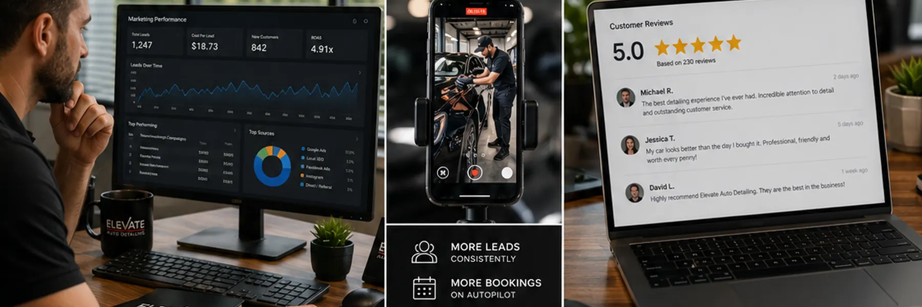 Car detailing case study screenshots collage with reviews, booking calendar, dashboards, and service proof