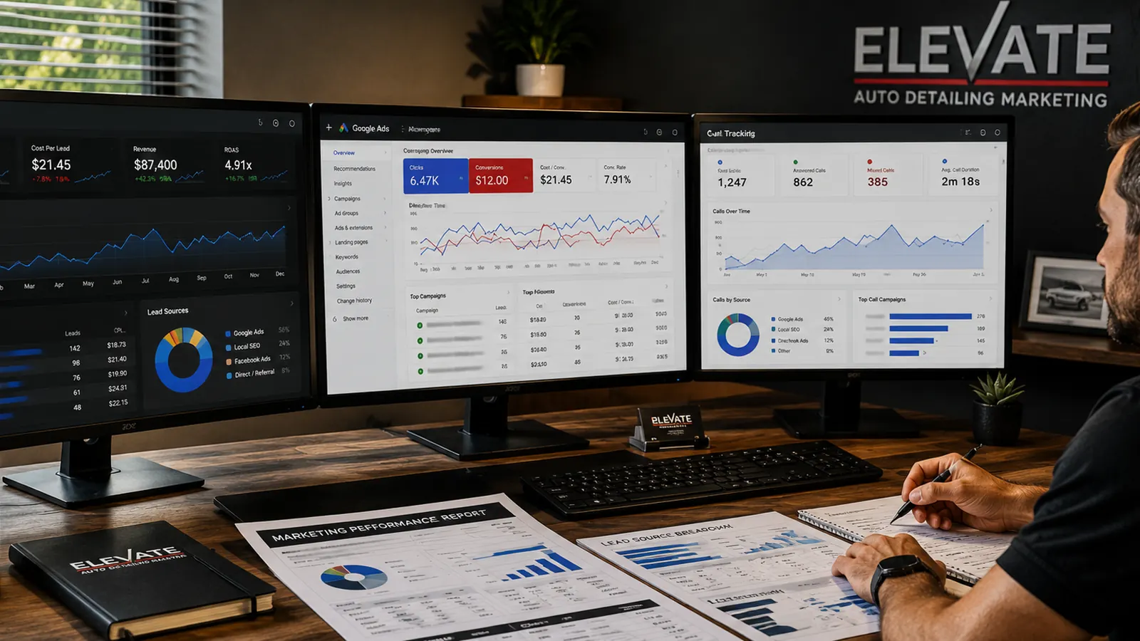 Detailing marketing tracking dashboard showing leads, ad performance, call tracking, and revenue reports