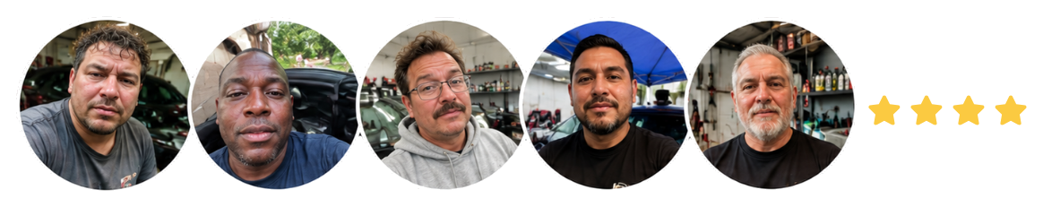 Car detailing client testimonial faces with five star rating