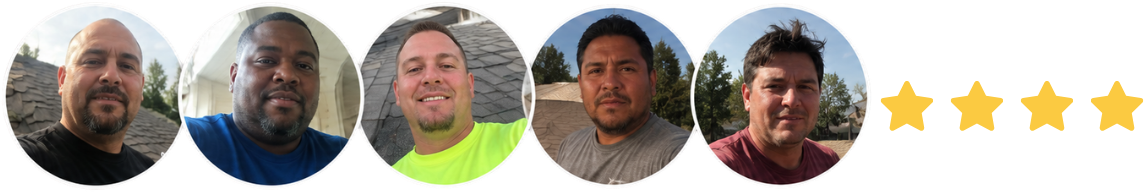 Roofing client testimonial faces with five star rating