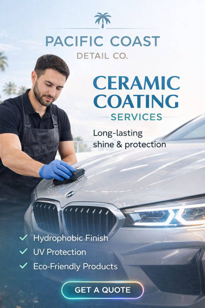 Pacific Coast Detail Co. advertisement featuring a detailer applying ceramic coating