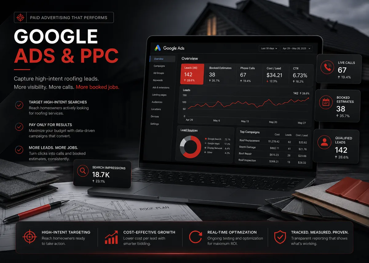 Google Ads and PPC dashboard for roofing contractor lead generation