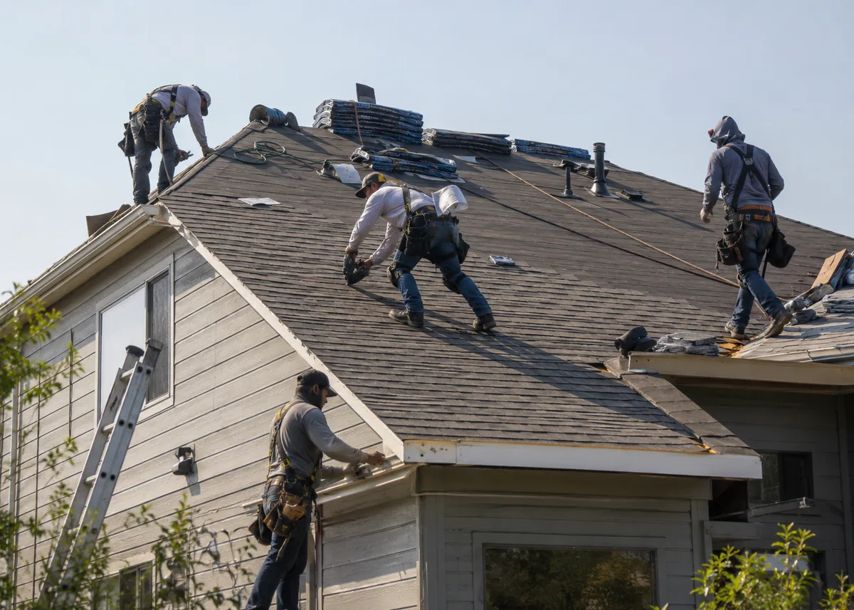 Residential roofing crew installing shingles for roof replacement