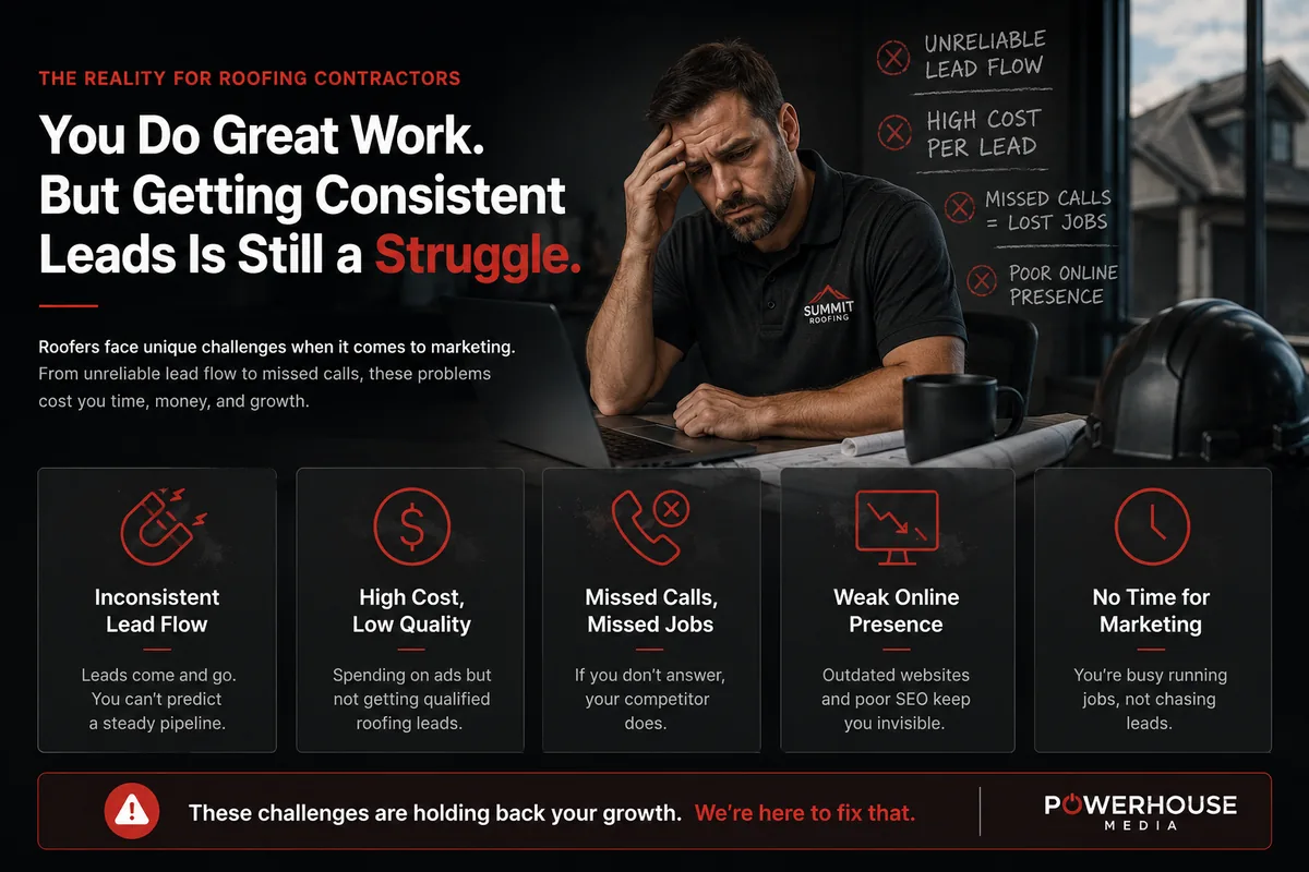 Roofing contractor reviewing inconsistent lead flow, missed calls, and online marketing challenges