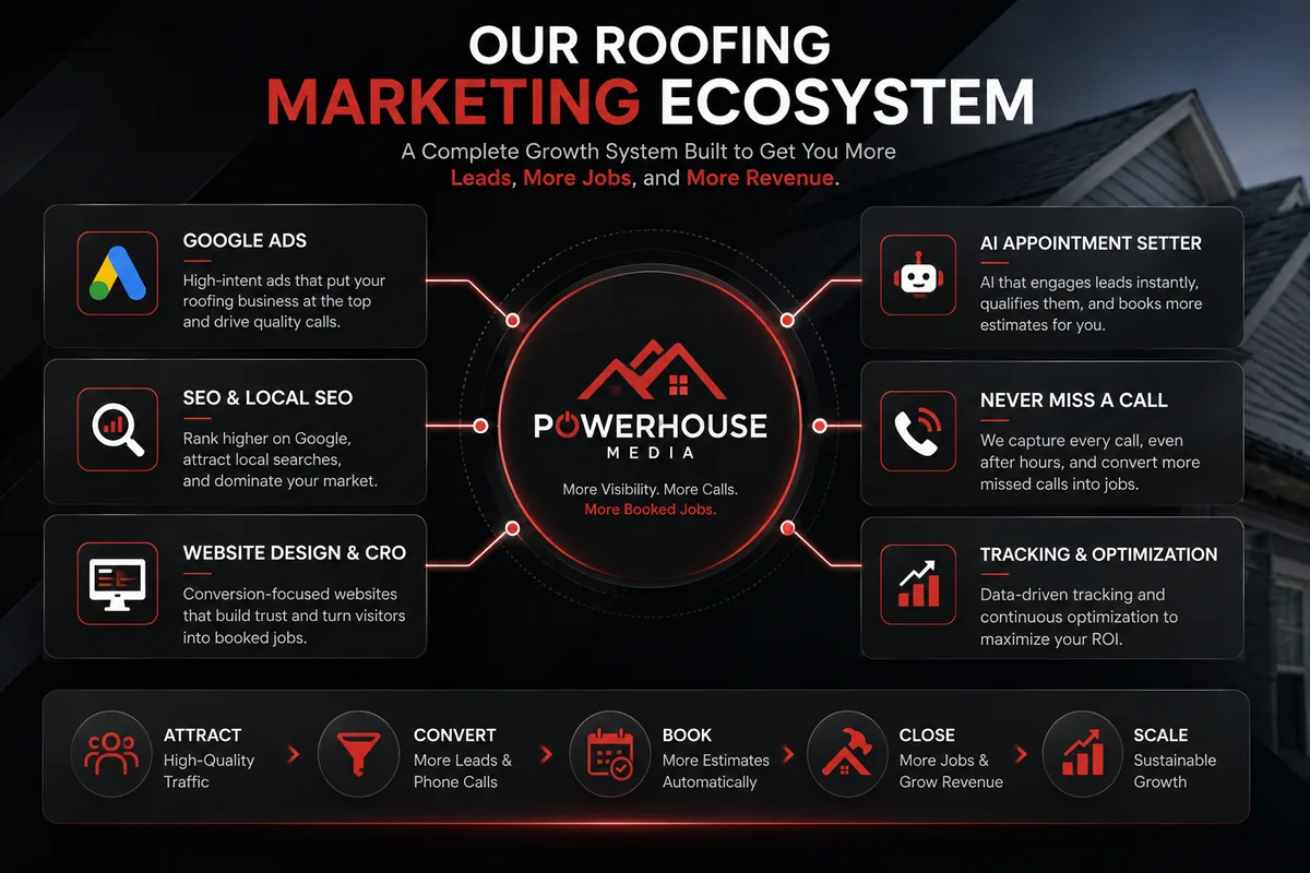 Powerhouse Media roofing marketing ecosystem connecting Google Ads, SEO, website CRO, AI follow-up, calls, and tracking