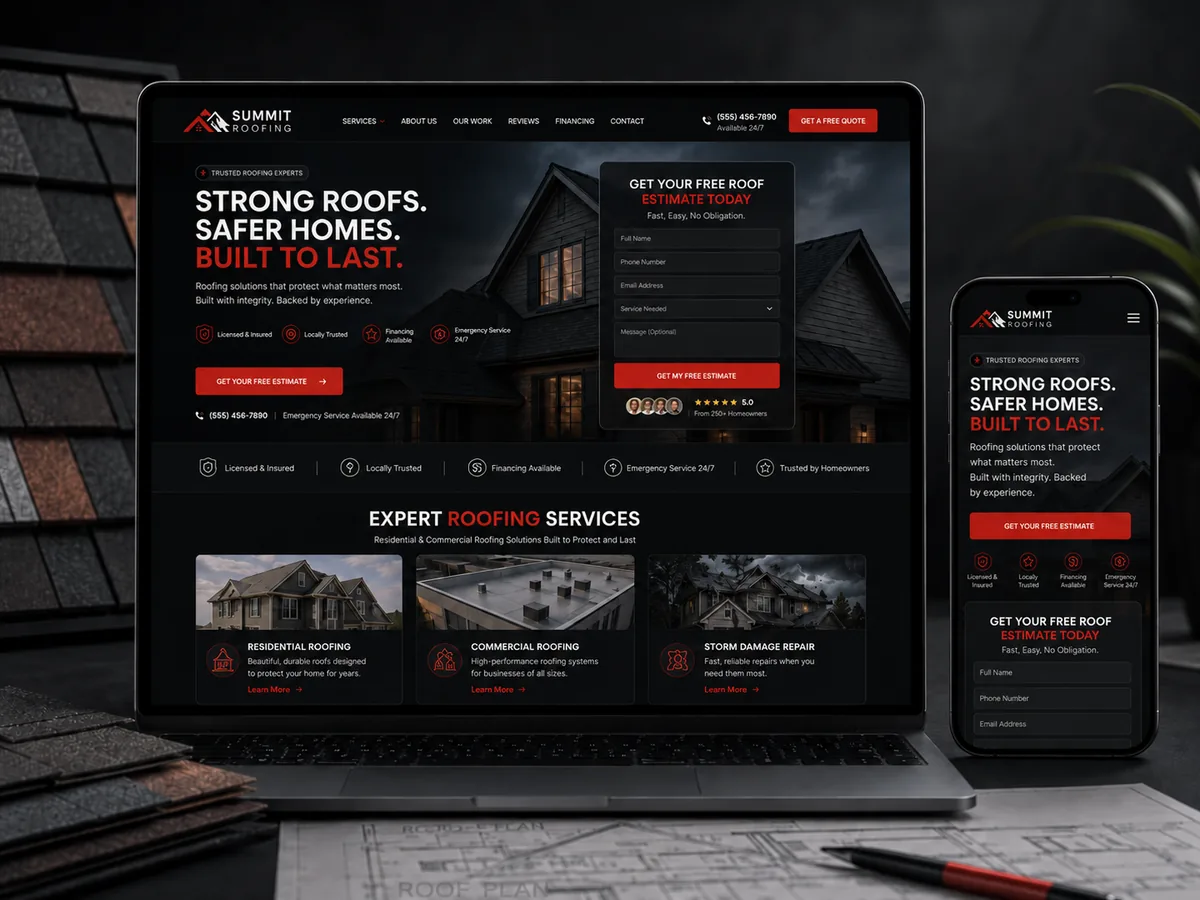Responsive roofing website design and conversion-focused estimate form mockup