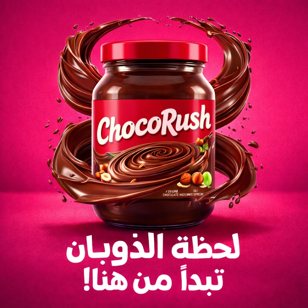 High-energy chocolate splash advertisement for ChocoRush hazelnut spread