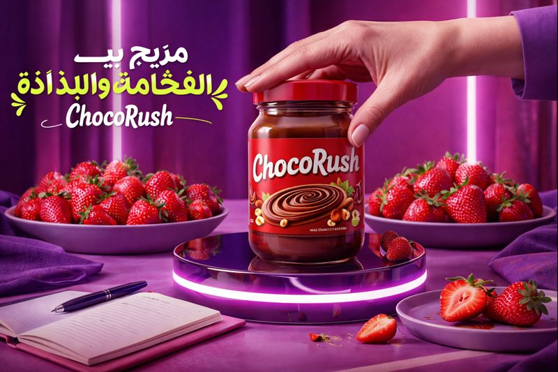 Gourmet chocolate spread with fresh strawberries on a premium neon-lit display