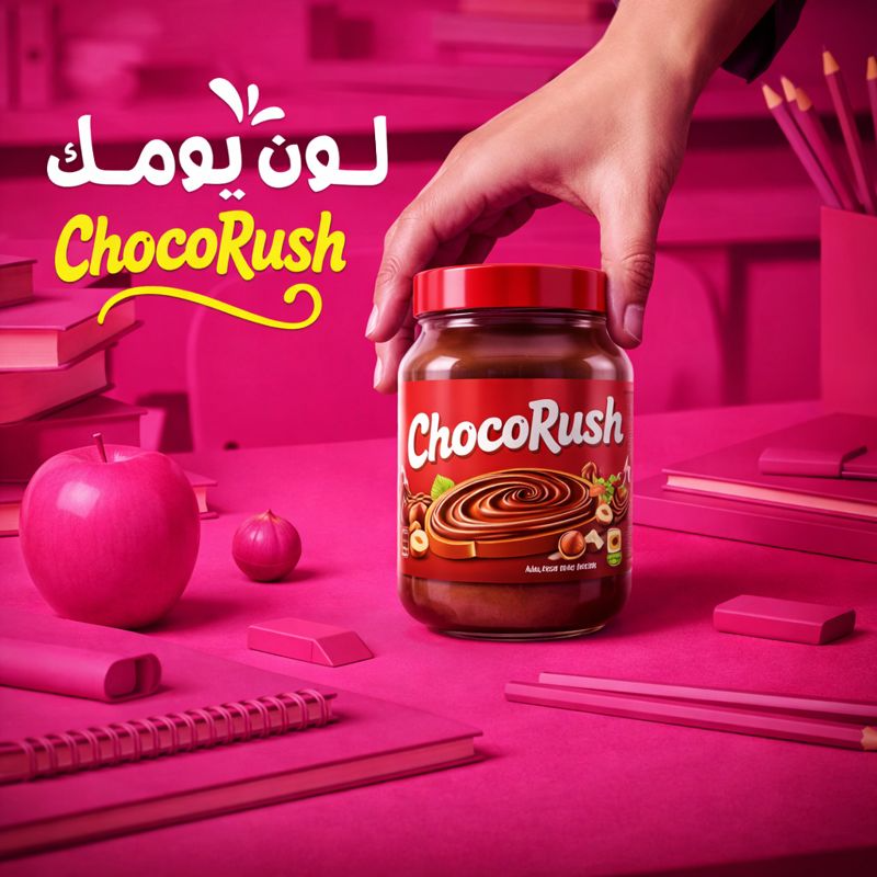 Conceptual chocolate spread ad targeted at students with notebooks and study materials