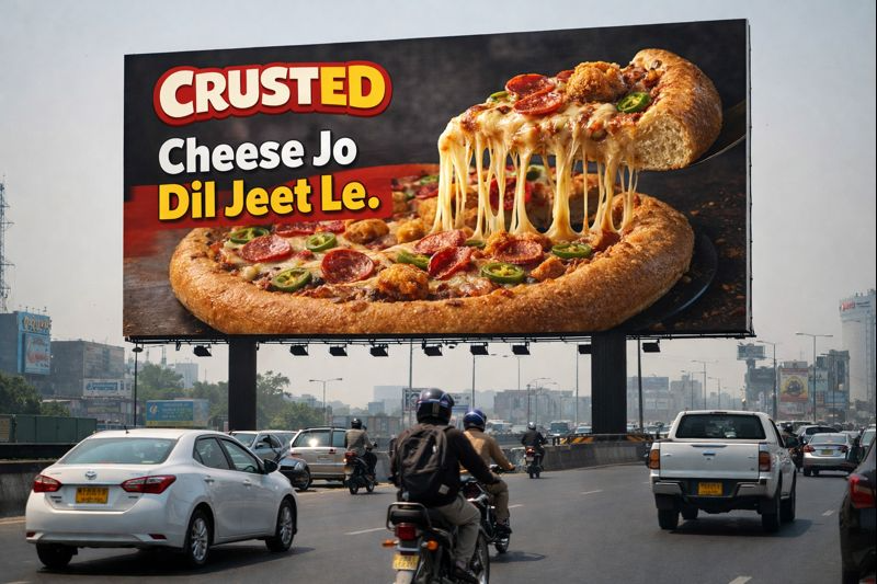 Large scale billboard advertisement for Crusted Pizza in a busy metropolitan area