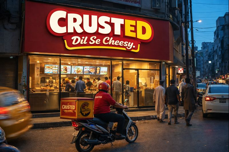 Premium pizza restaurant storefront design with bold red signage and modern lighting