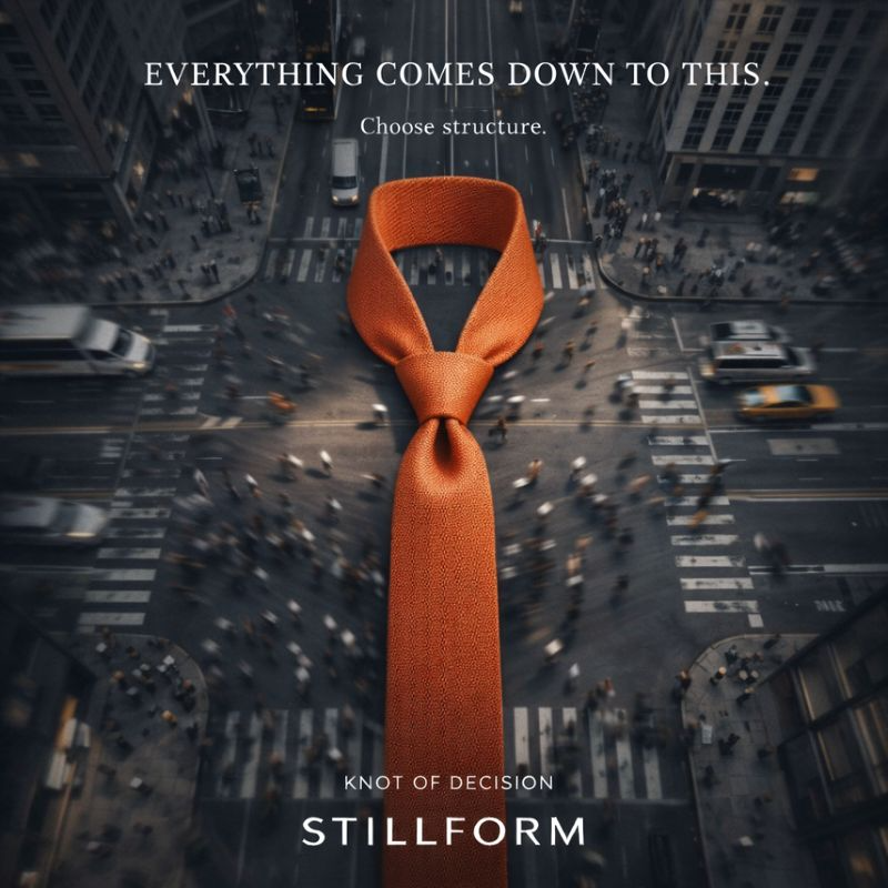 Surreal outdoor advertising visual showing a giant orange tie over a busy city intersection