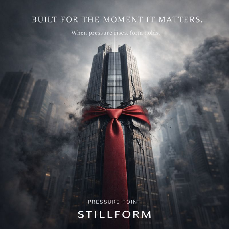 High-concept architectural fashion photography for Stillform featuring a red tie on a skyscraper